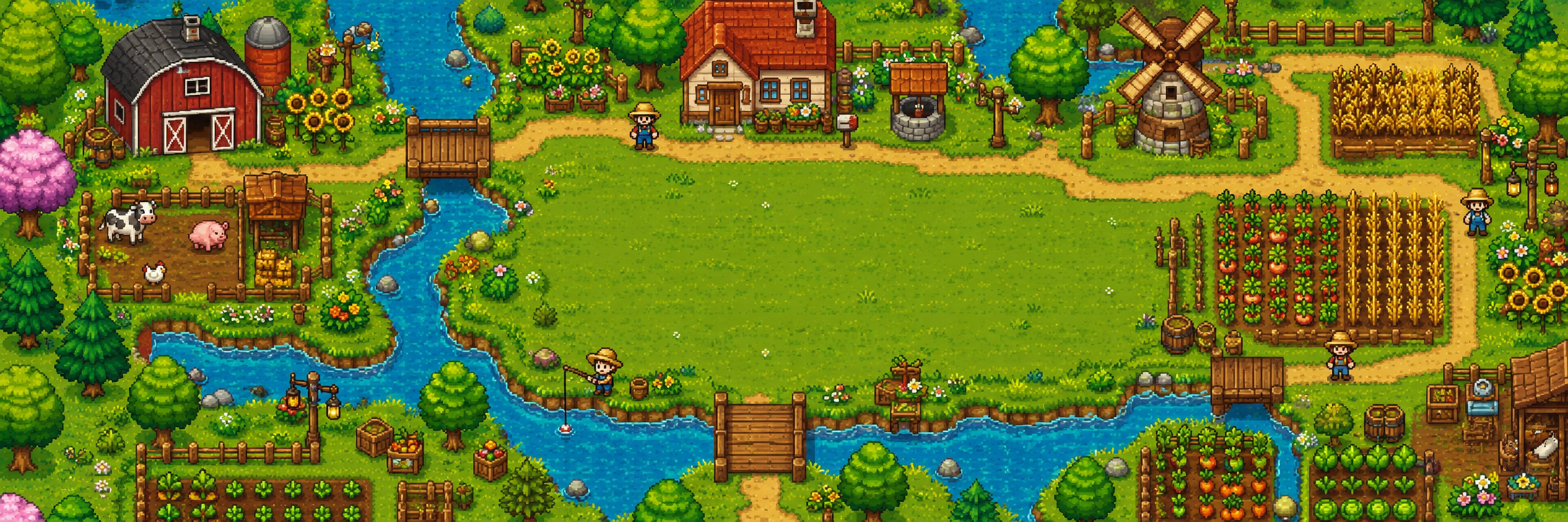 A colorful pixel art farm with fields, barns, rivers, and windmills